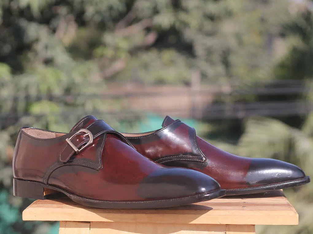 Handmade Men's Burgundy Black Monk Shoes, Men's Leather Shoes