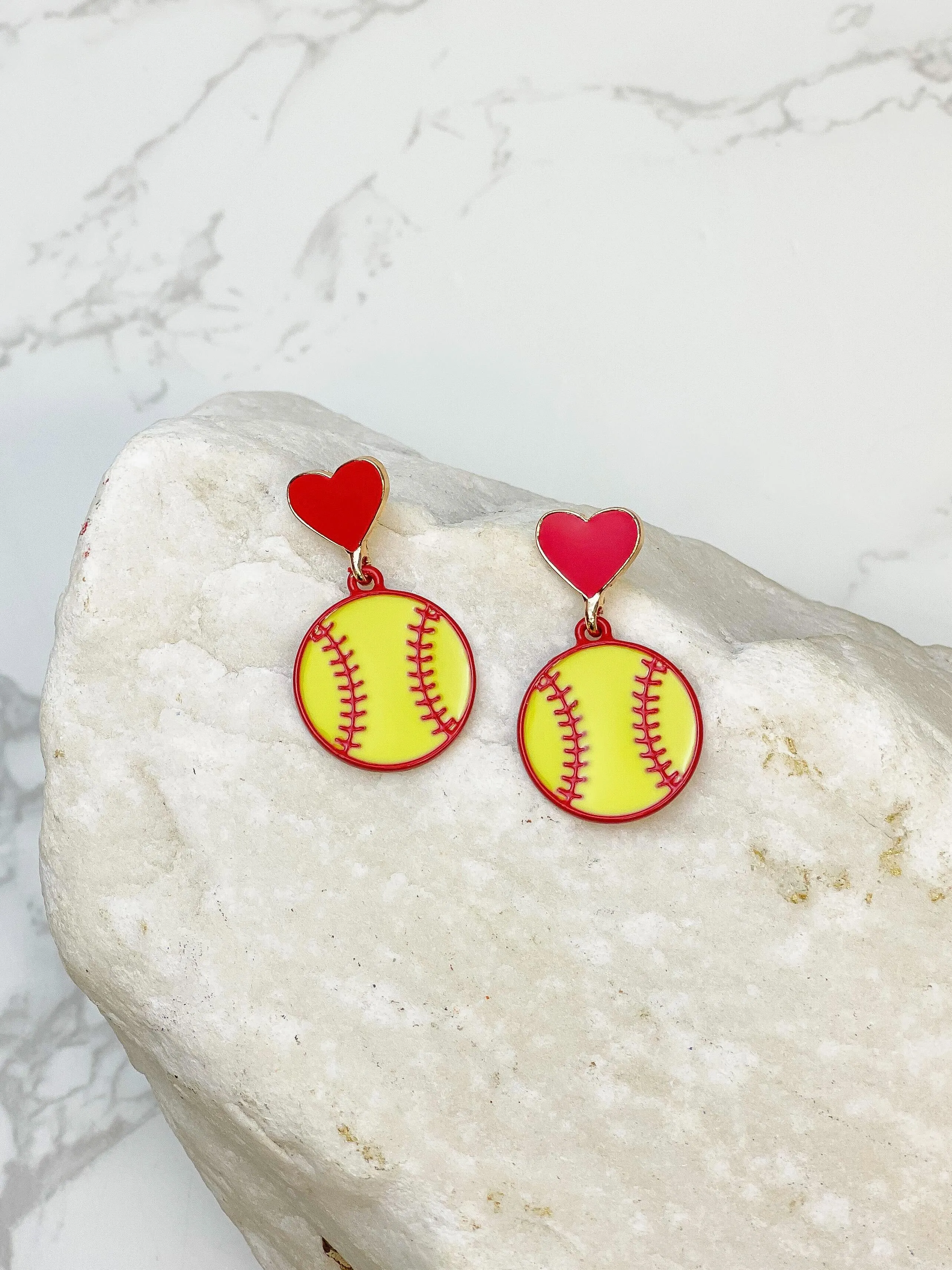 Heart Post Softball Dangle Earrings