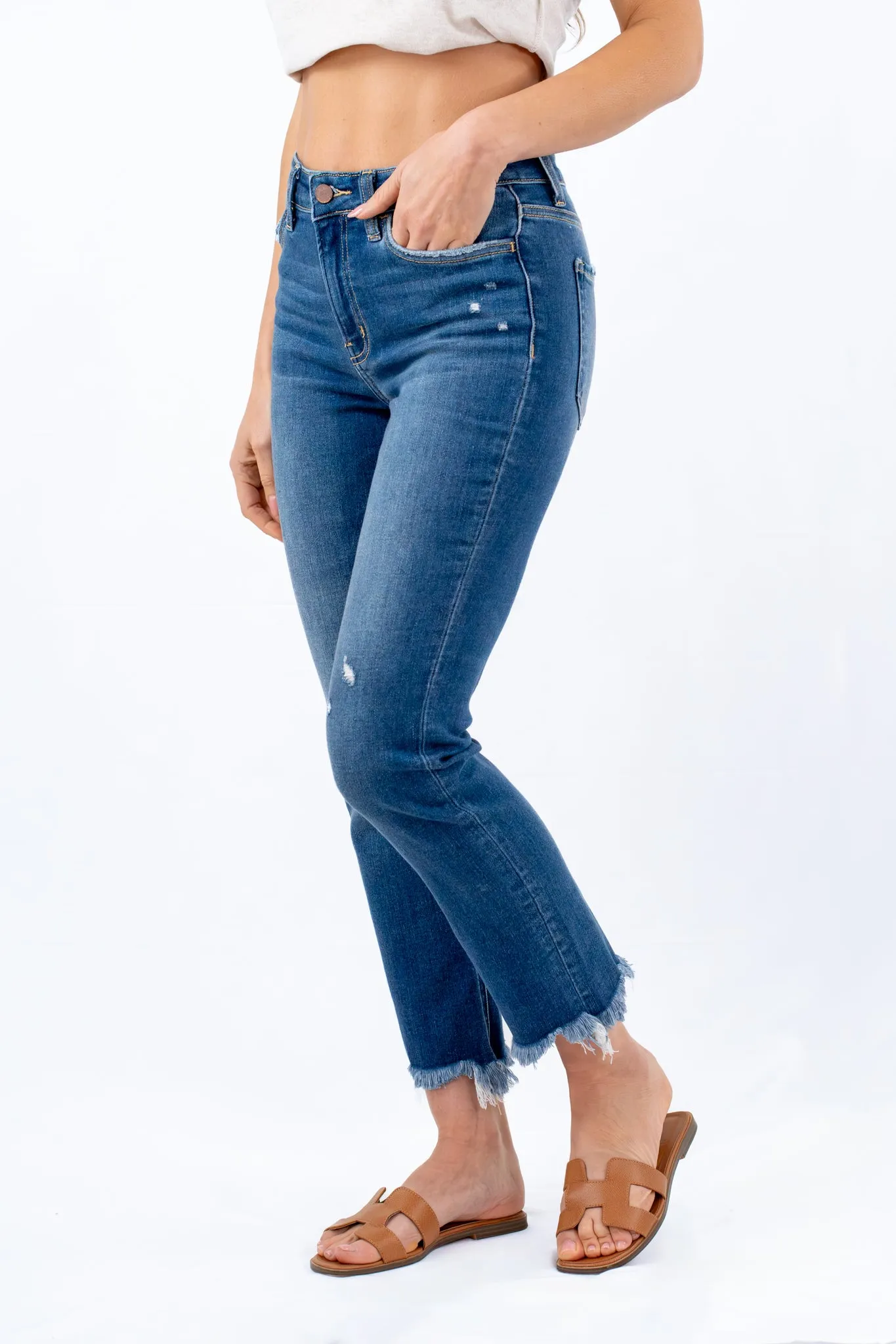 High Rise Slim Straight Jean with Raw Hem Detail