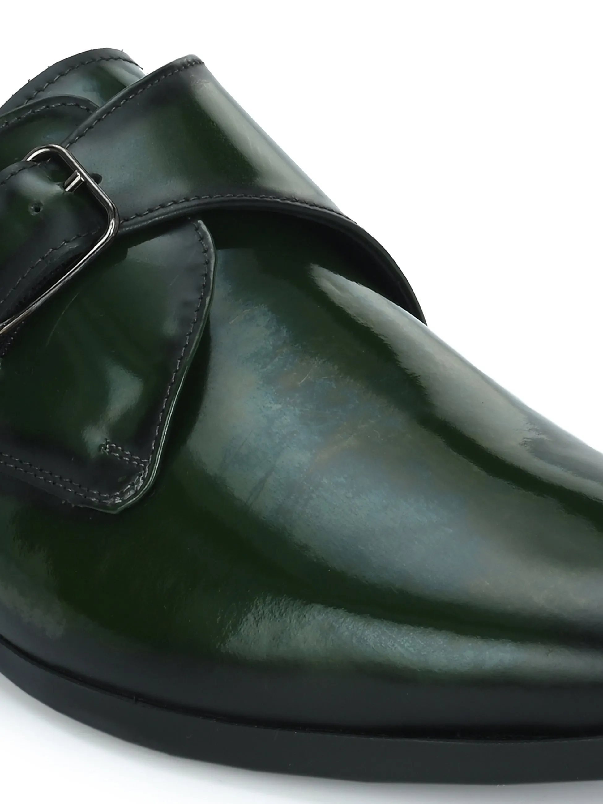 Hitz Men's Green Leather Formal Monk Shoes