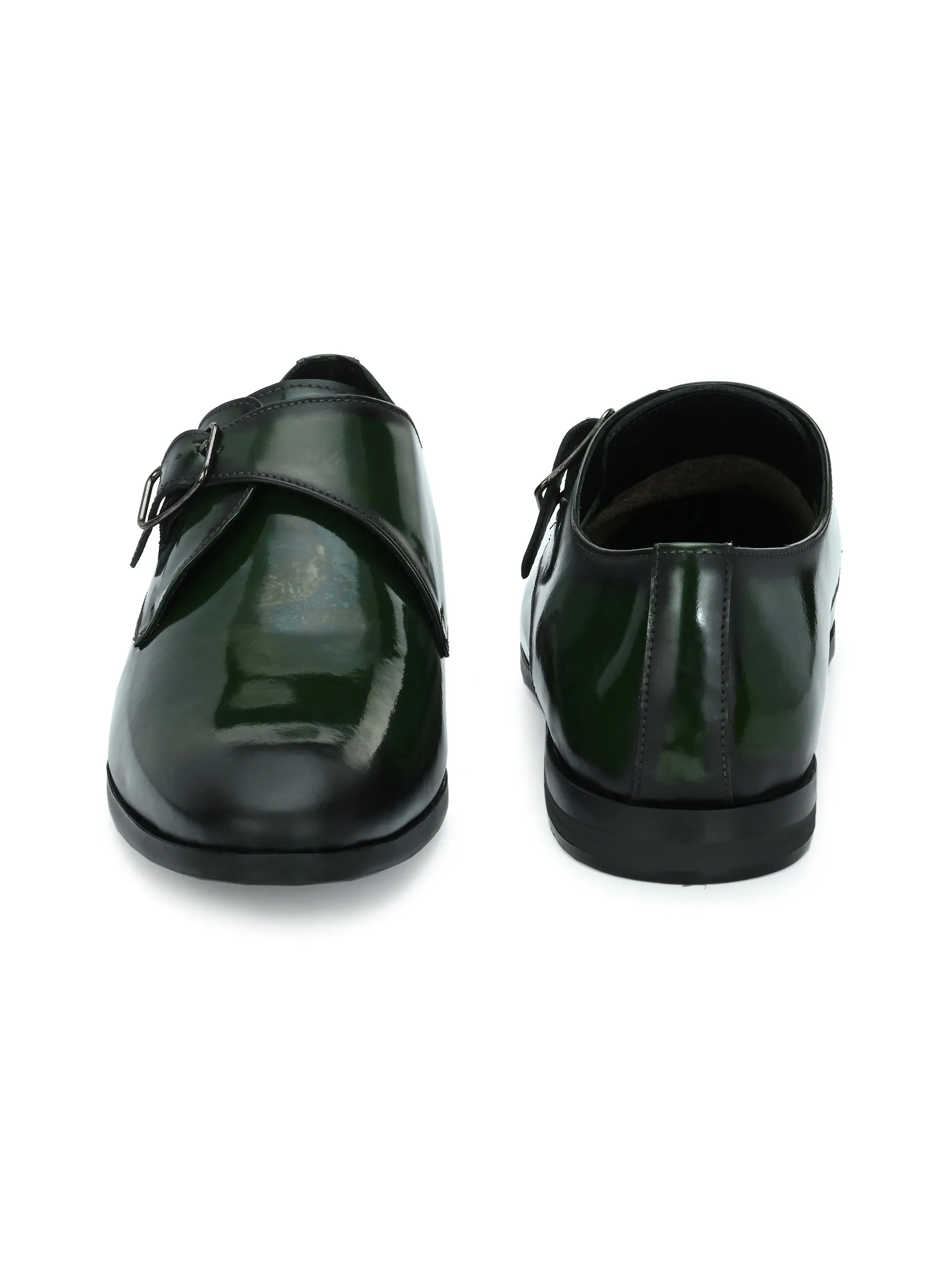 Hitz Men's Green Leather Formal Monk Shoes