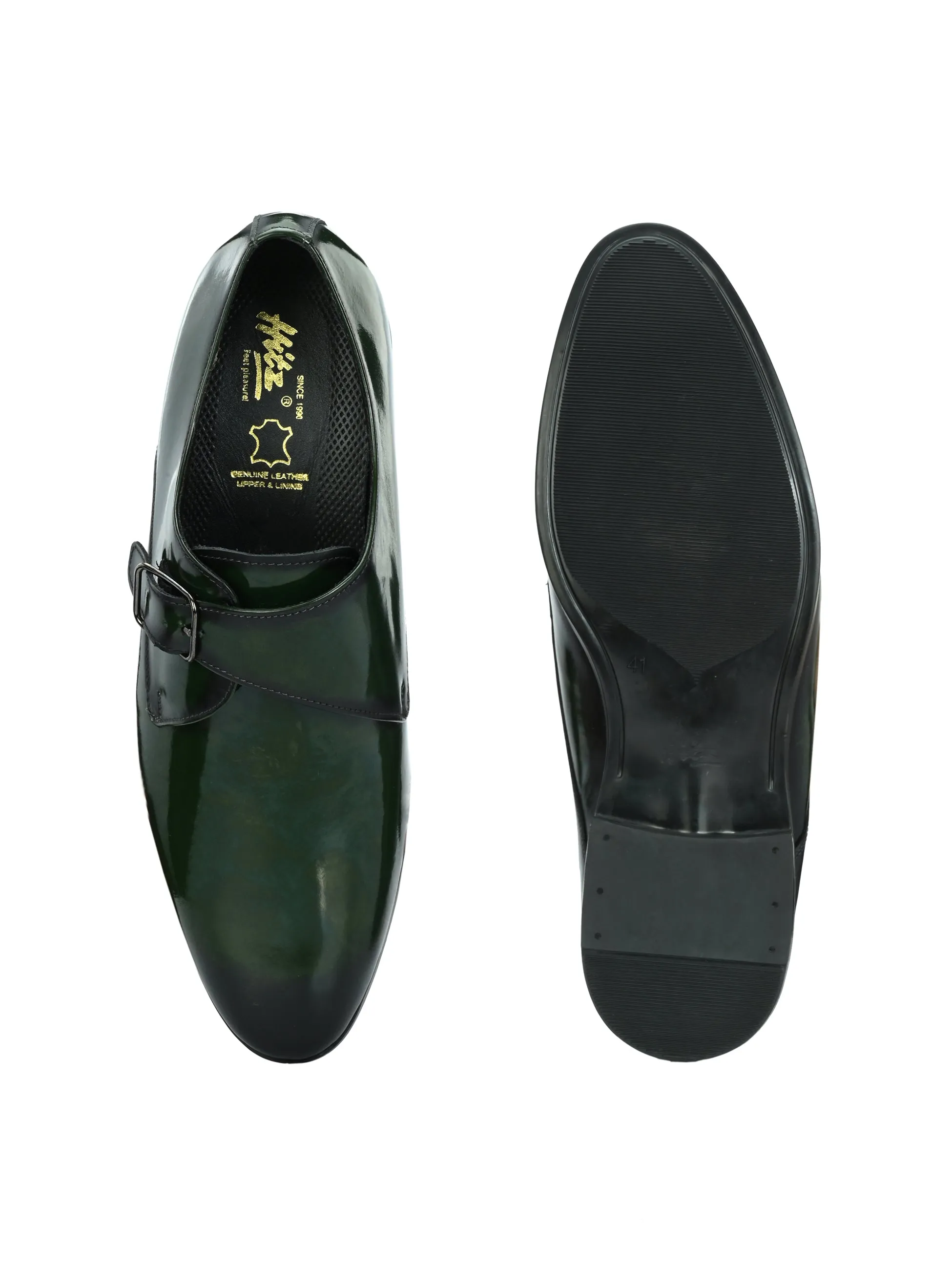 Hitz Men's Green Leather Formal Monk Shoes