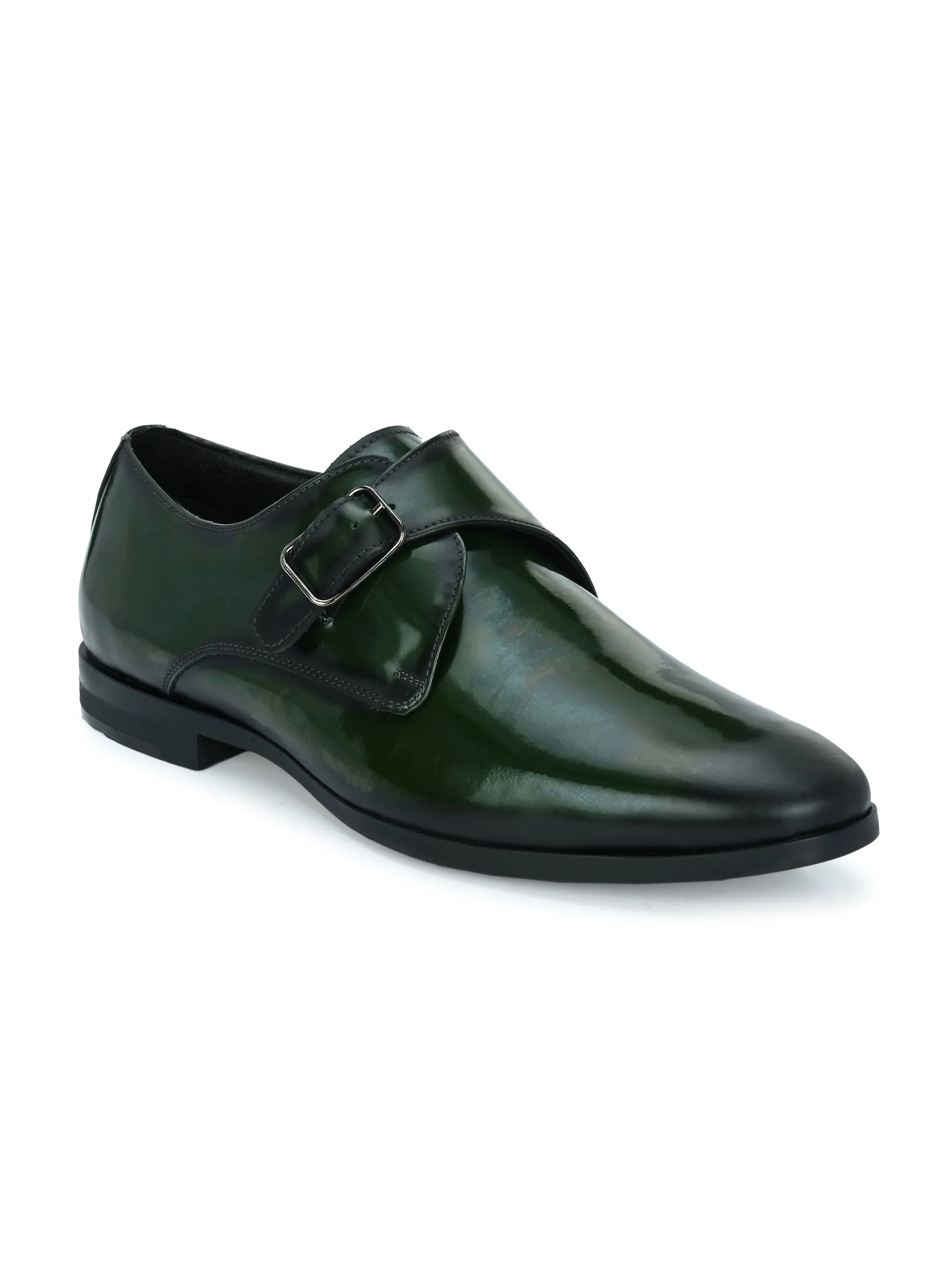 Hitz Men's Green Leather Formal Monk Shoes