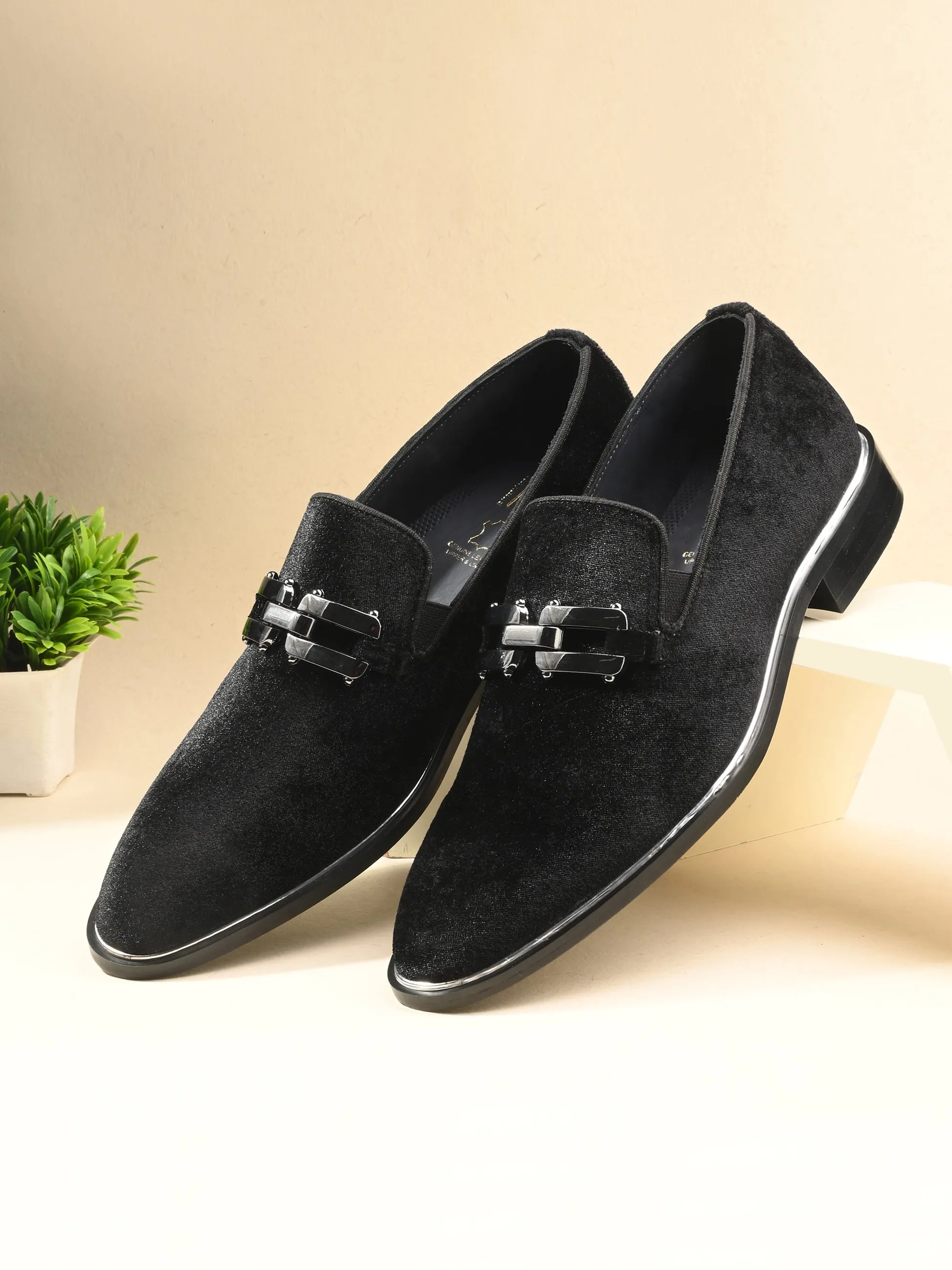 HITZ6802 Men's Black Leather Party Wear Slip-On Shoes