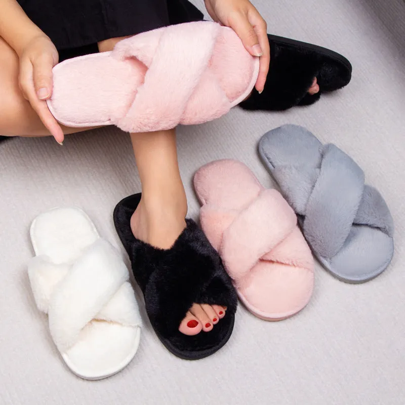 Hot-Selling Cross-Strap Non-Slip Thick Sole Fuzzy Winter Slippers Shoes