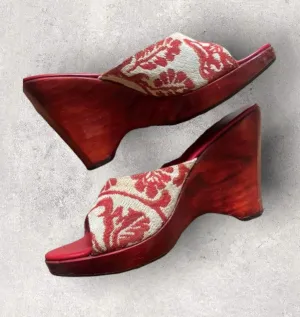 Kenzo Red & Cream Tapestry Wedge Sandals, Mules  EU 38 US 7  UK 5