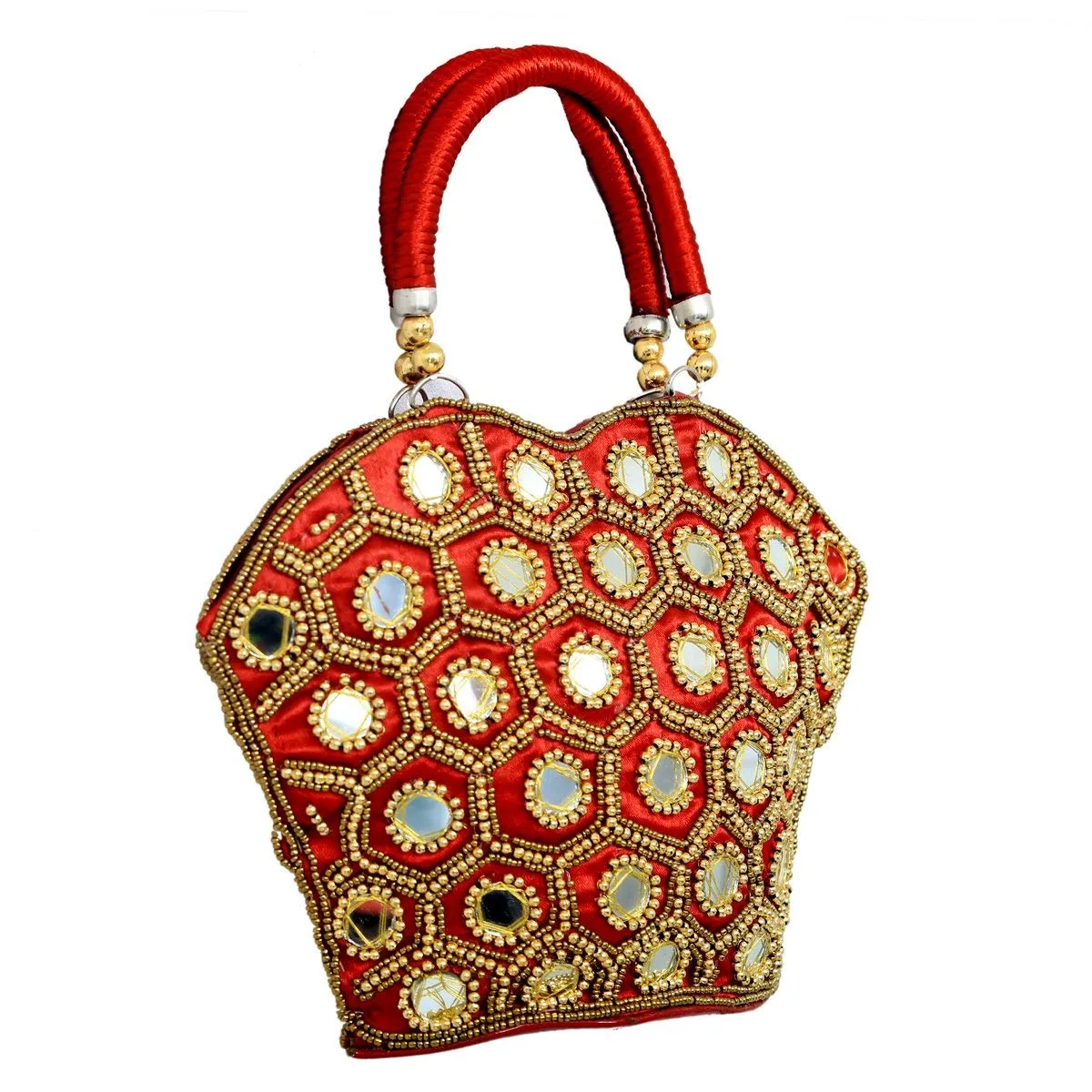 Kuber Industries Embroided Silk Mirror Handheld Bag, Small, Red