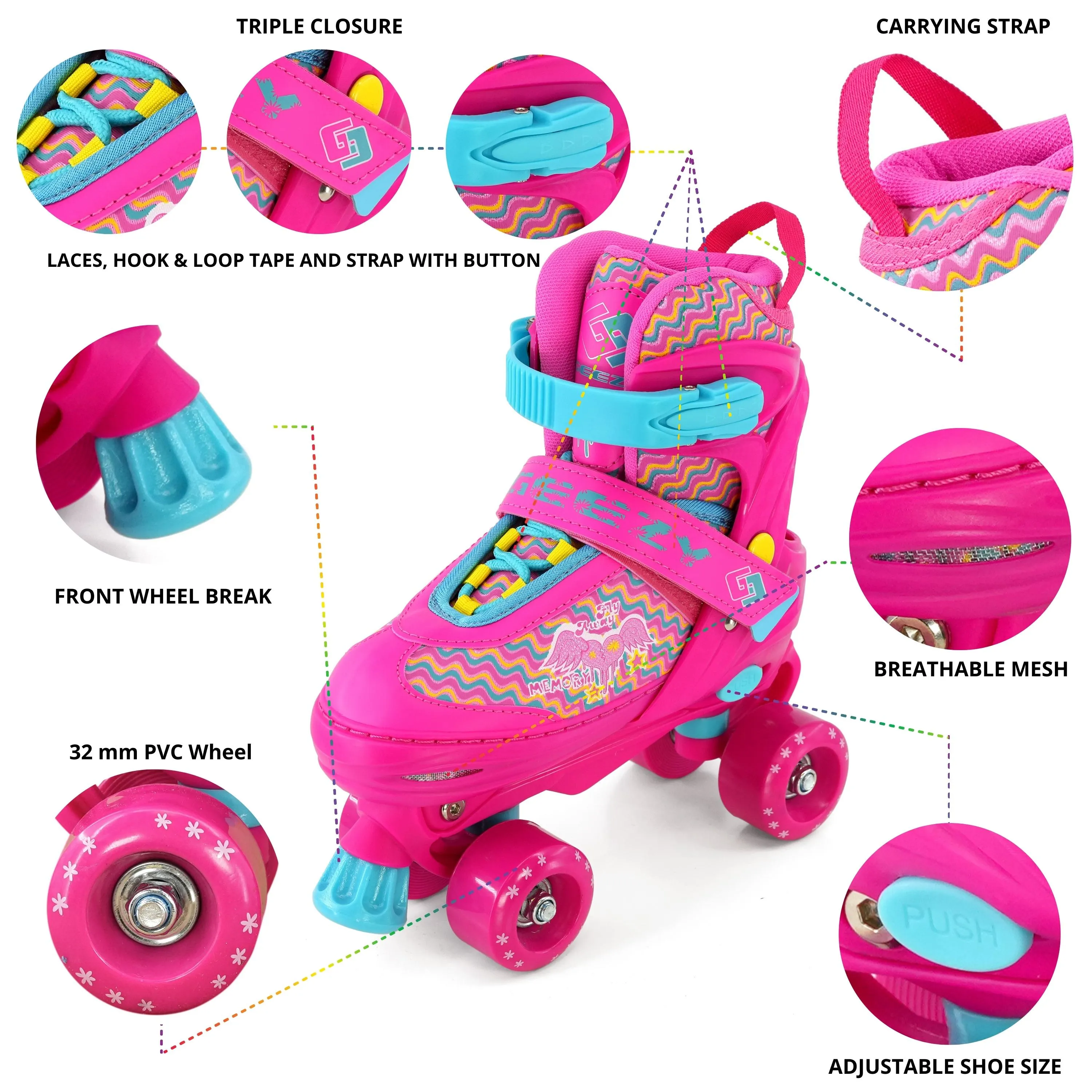 Large Pink Kids Roller Skates Boots