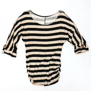 Last Chance Size Small | Striped 3/4 Sleeve Top with Ruched Sides in Tan and Black