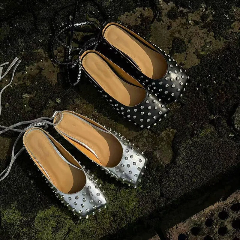 Leather Mules with Rivets Summer Slippers Handmade in Blue/Black/Silver