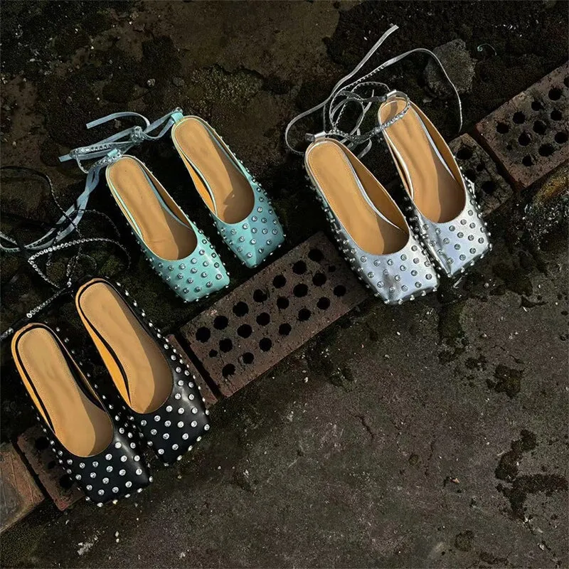 Leather Mules with Rivets Summer Slippers Handmade in Blue/Black/Silver