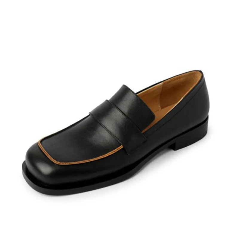 Leather Penny Loafers for Women Square Toe in Orange/Black