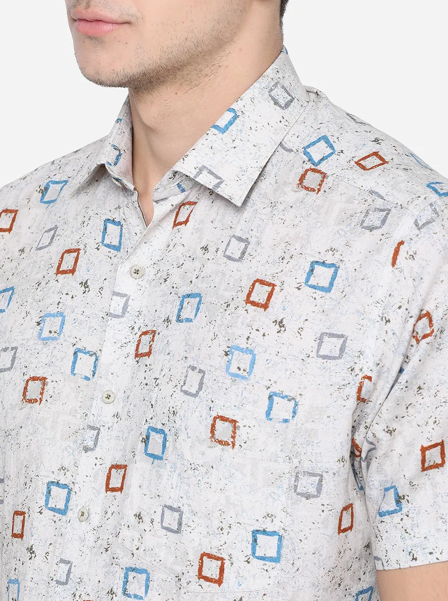 Light Grey & Blue Printed Slim Fit Party Wear Shirt | JB Studio