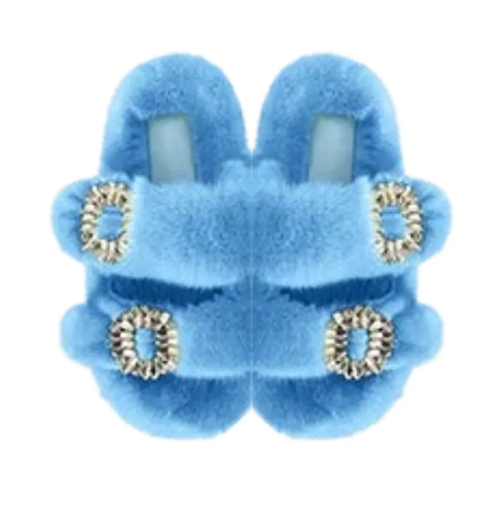 Luxe Mink Slide Sandals with Crystal Buckle - Blue