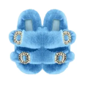 Luxe Mink Slide Sandals with Crystal Buckle - Blue