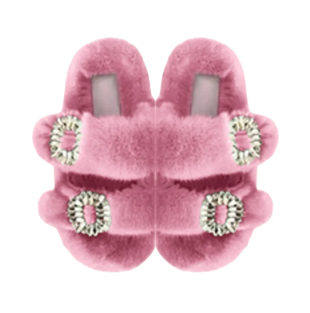 Luxe Mink Slide Sandals with Crystal Buckle - Pink