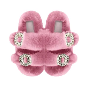 Luxe Mink Slide Sandals with Crystal Buckle - Pink