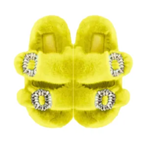 Luxe Mink Slide Sandals with Crystal Buckle - Yellow