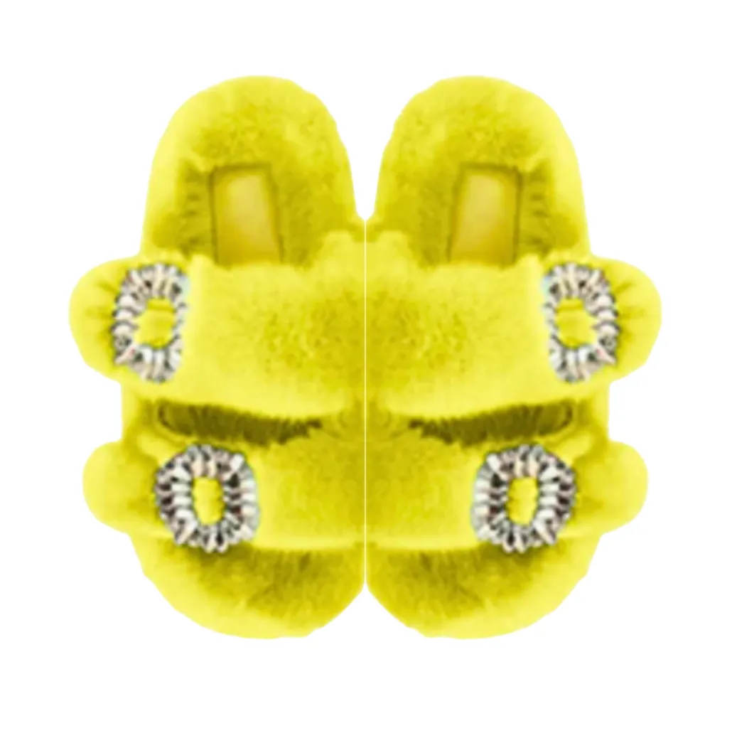 Luxe Mink Slide Sandals with Crystal Buckle - Yellow