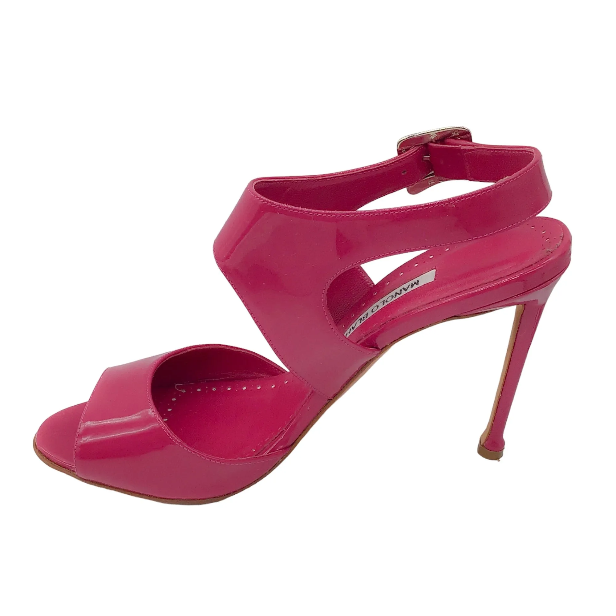 Manolo Blahnik Raspberry Patent Leather Ankle Strap Sandals