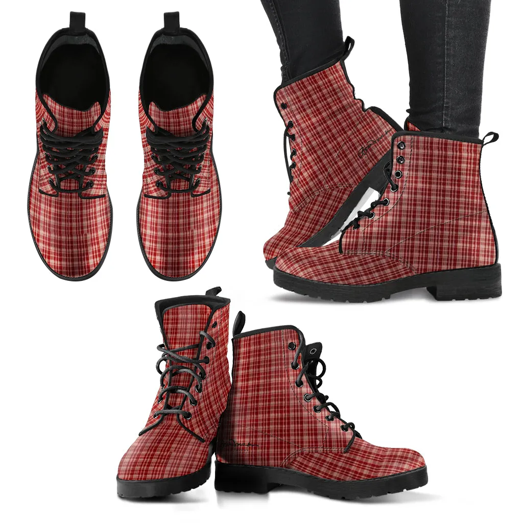 Marsala and Khaki Tiny Plaid Leather boots (Vegan)