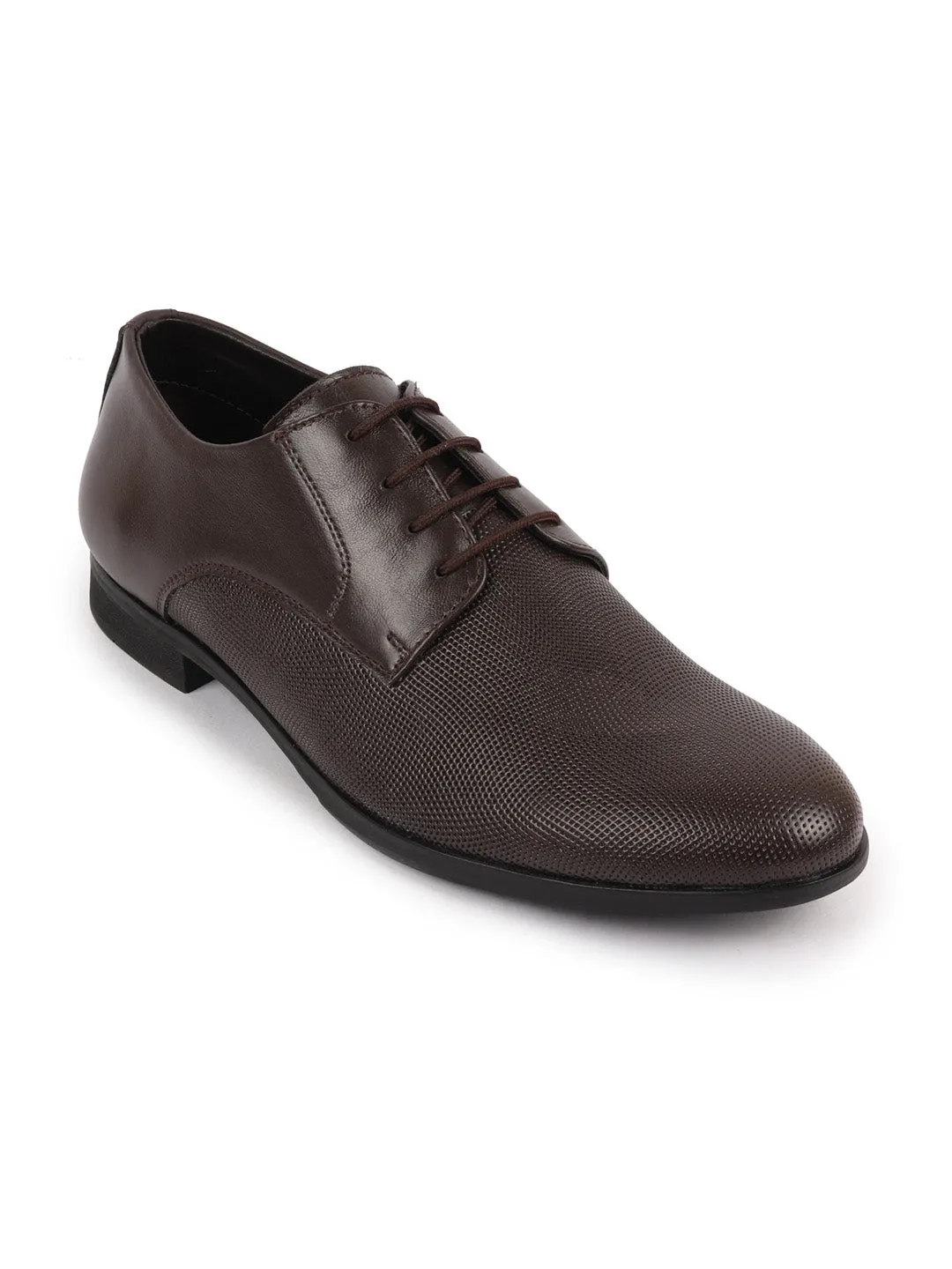 Men Brown Formal Office Textured Design Stitched Genuine Leather Lace Up Shoes