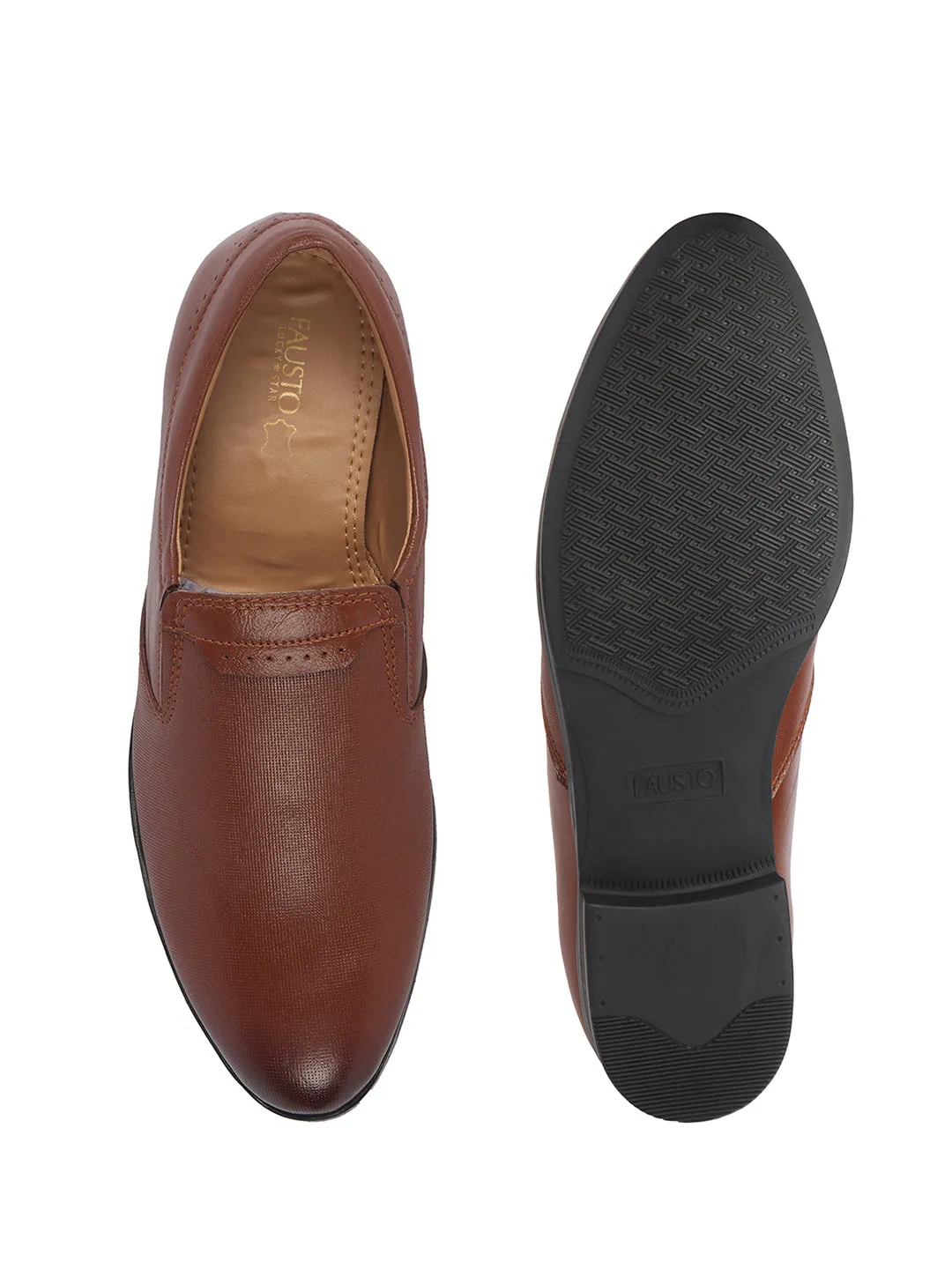 Men Tan Genuine Leather Broad Feet Formal Slip On Shoe|Work Wear|Comfort for Office|Anti Skid Sole