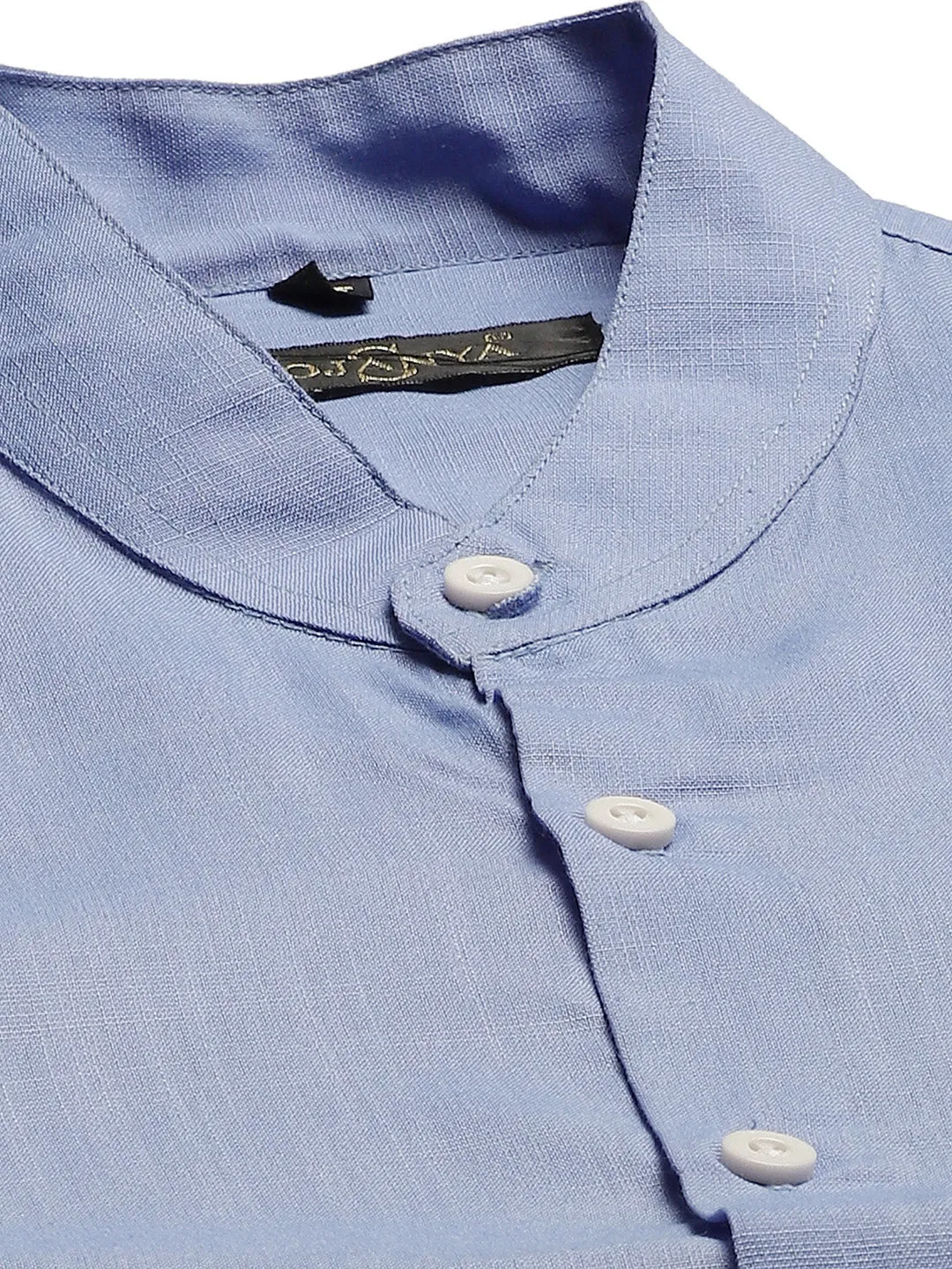 Mens Cotton Linen Blue Chinese Collar Shirt - Sojanya