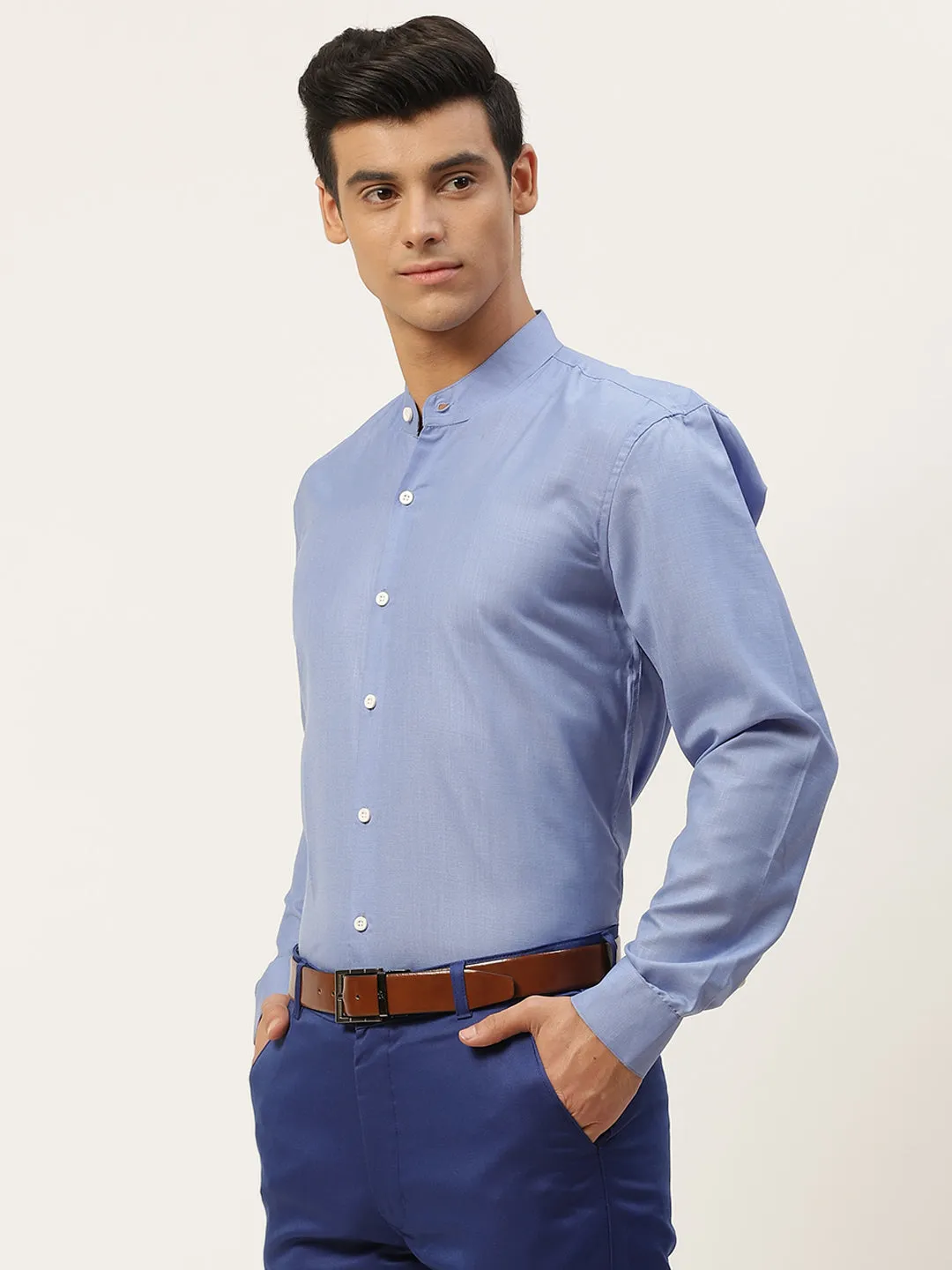 Mens Cotton Linen Blue Chinese Collar Shirt - Sojanya