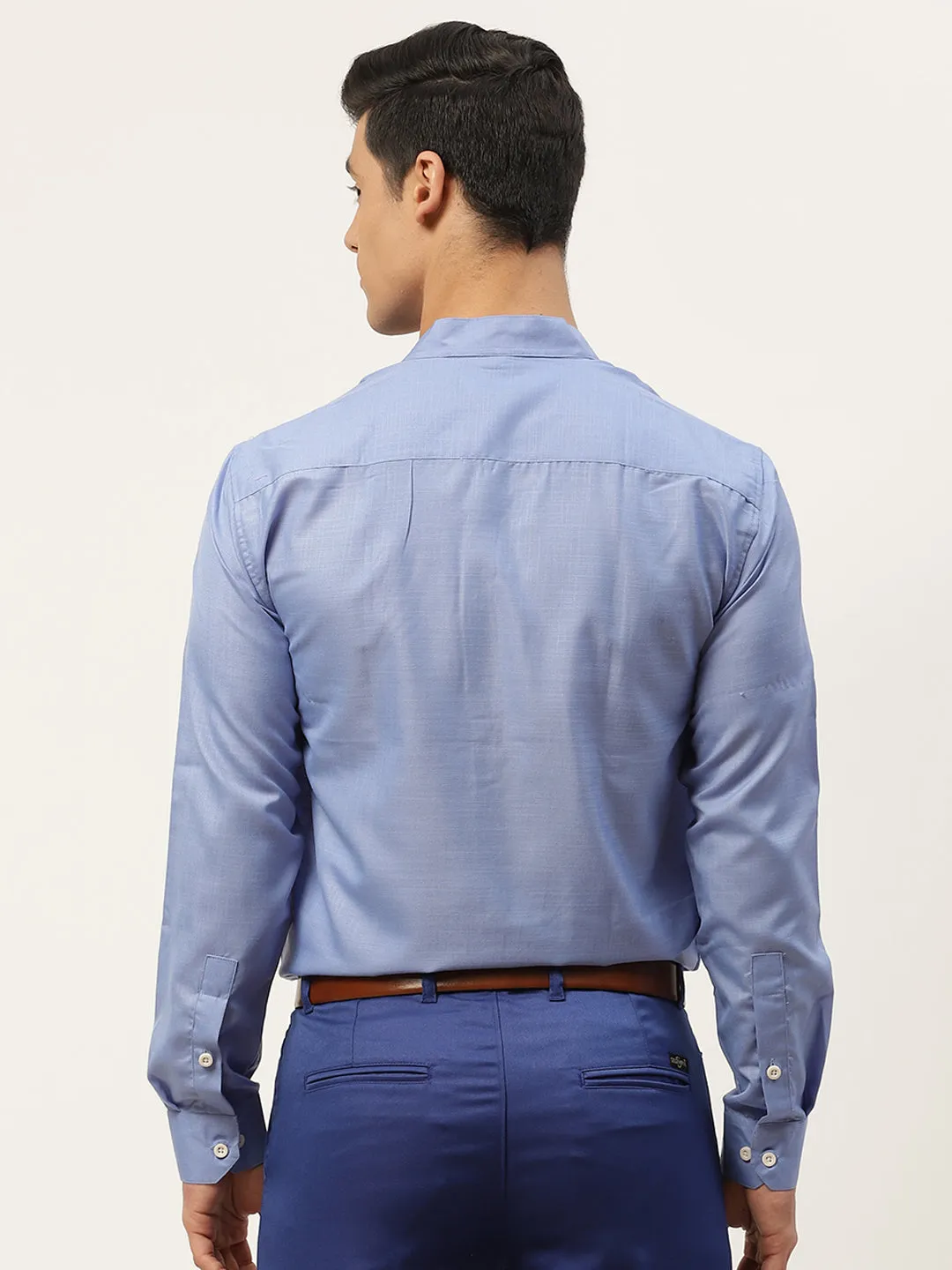 Mens Cotton Linen Blue Chinese Collar Shirt - Sojanya