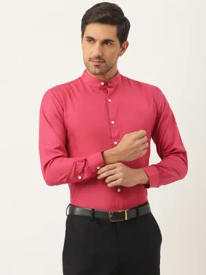 Mens Cotton Linen Coral Pink Chinese Collar Shirt - Sojanya