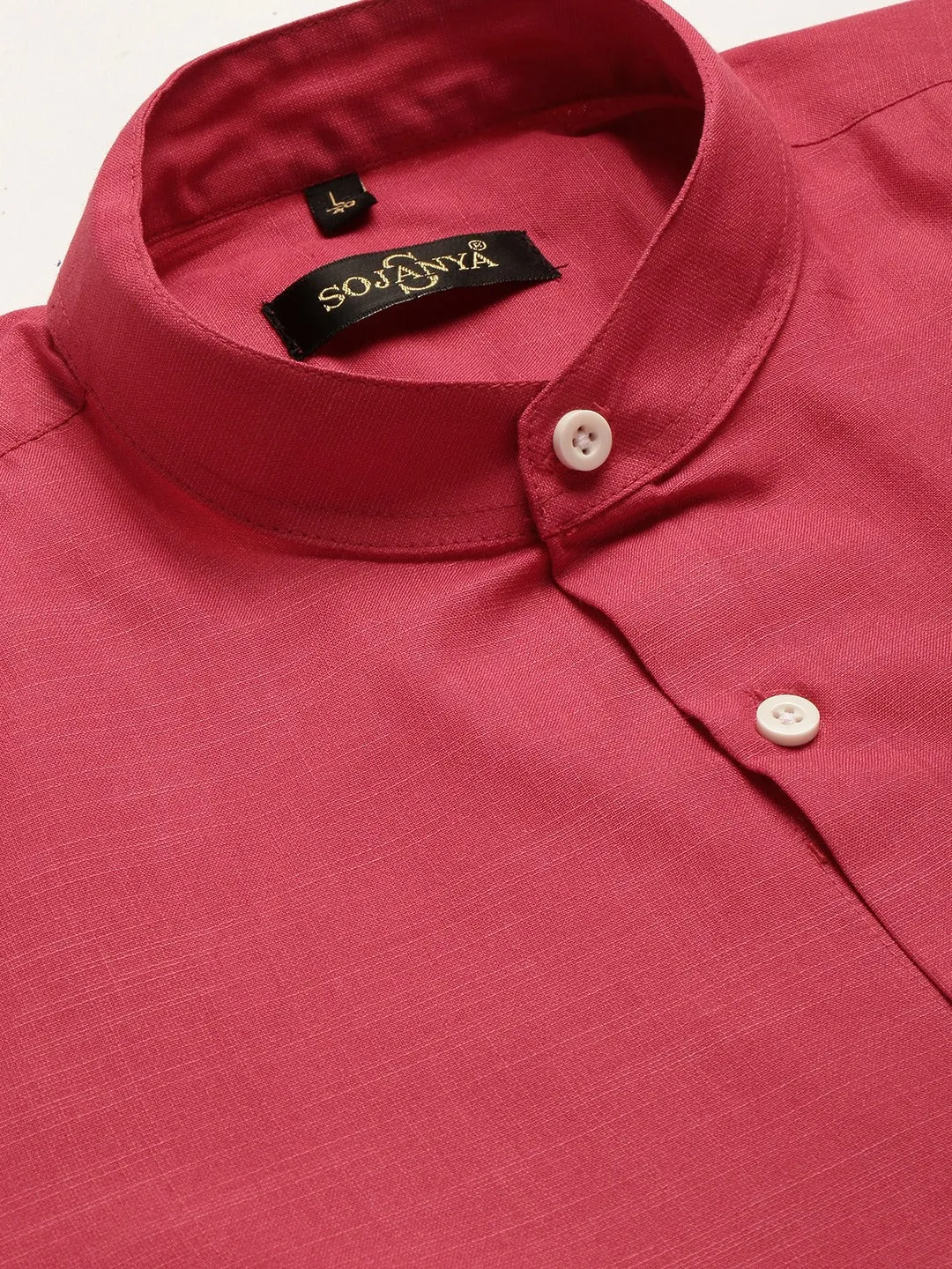 Mens Cotton Linen Coral Pink Chinese Collar Shirt - Sojanya