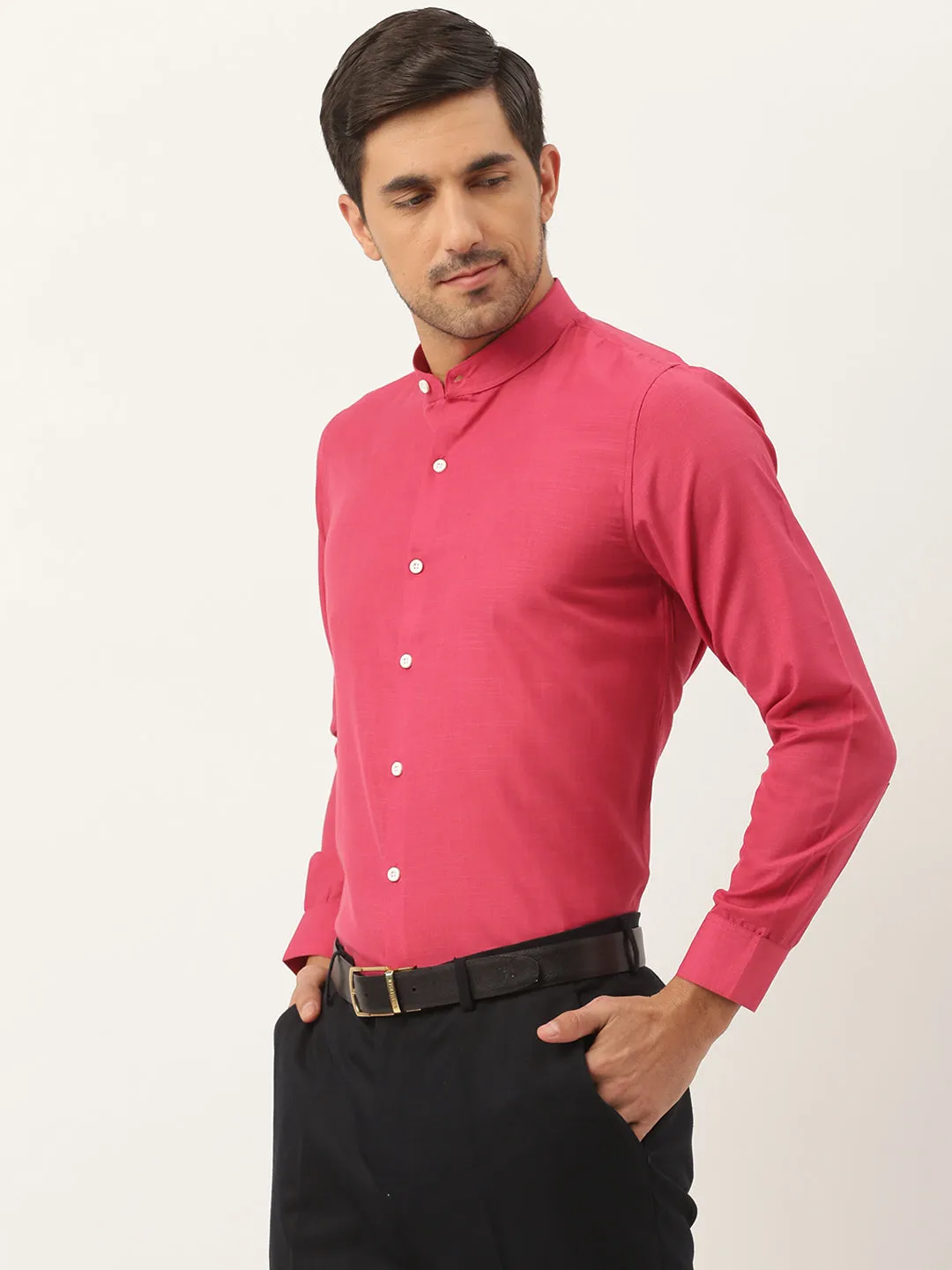 Mens Cotton Linen Coral Pink Chinese Collar Shirt - Sojanya