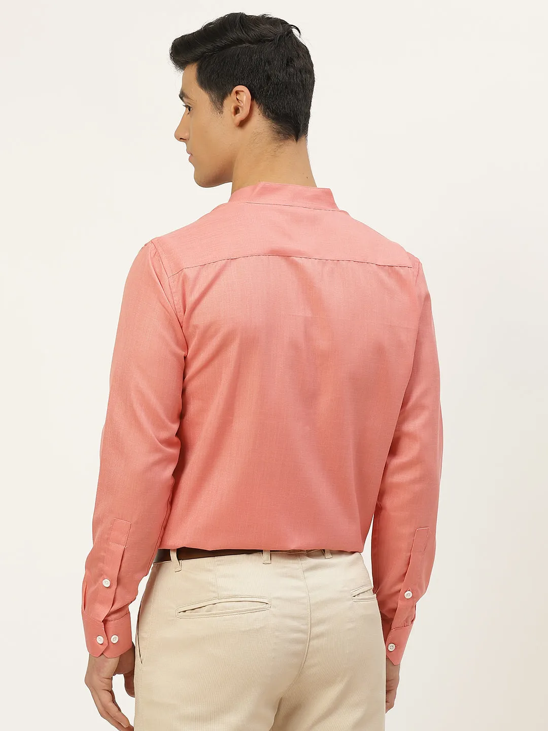 Mens Cotton Linen Peach Chinese Collar Shirt - Sojanya