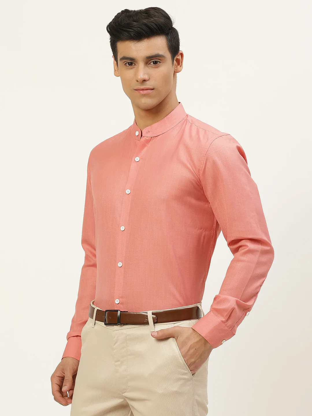 Mens Cotton Linen Peach Chinese Collar Shirt - Sojanya