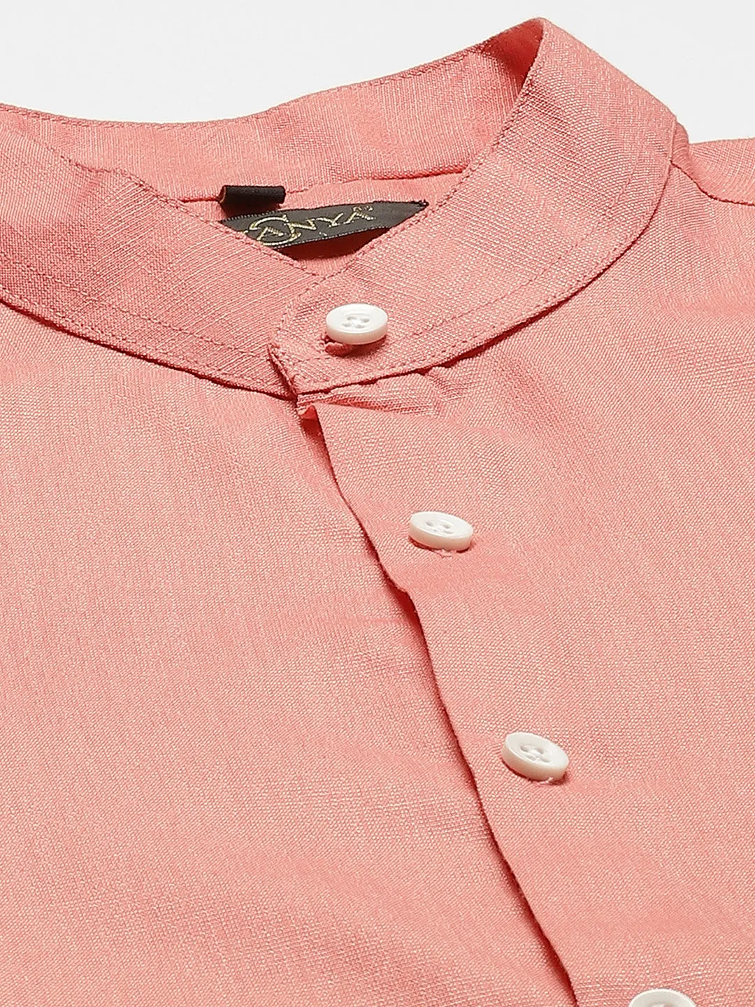 Mens Cotton Linen Peach Chinese Collar Shirt - Sojanya