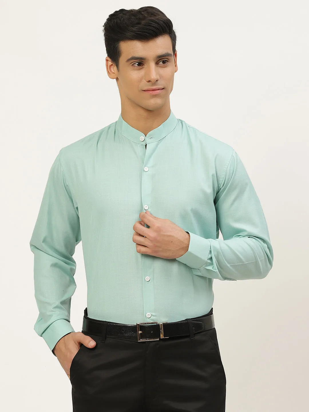 Mens Cotton Linen Sea Green Chinese Collar Shirt - Sojanya