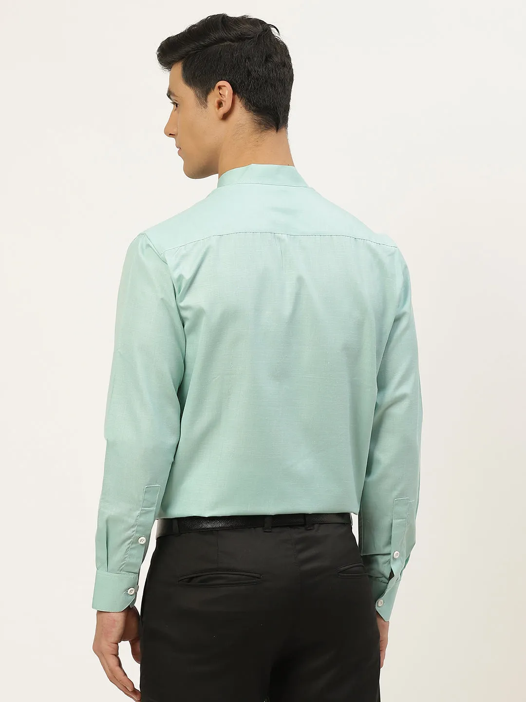 Mens Cotton Linen Sea Green Chinese Collar Shirt - Sojanya