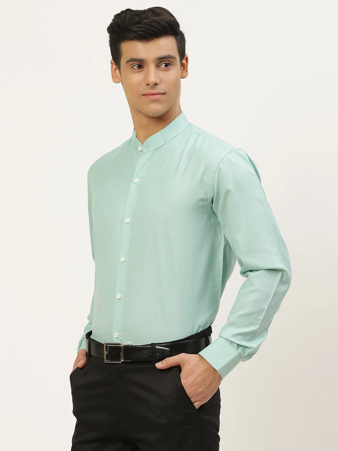 Mens Cotton Linen Sea Green Chinese Collar Shirt - Sojanya