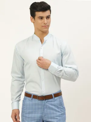 Mens Cotton Linen Sky Blue Chinese Collar Shirt - Sojanya