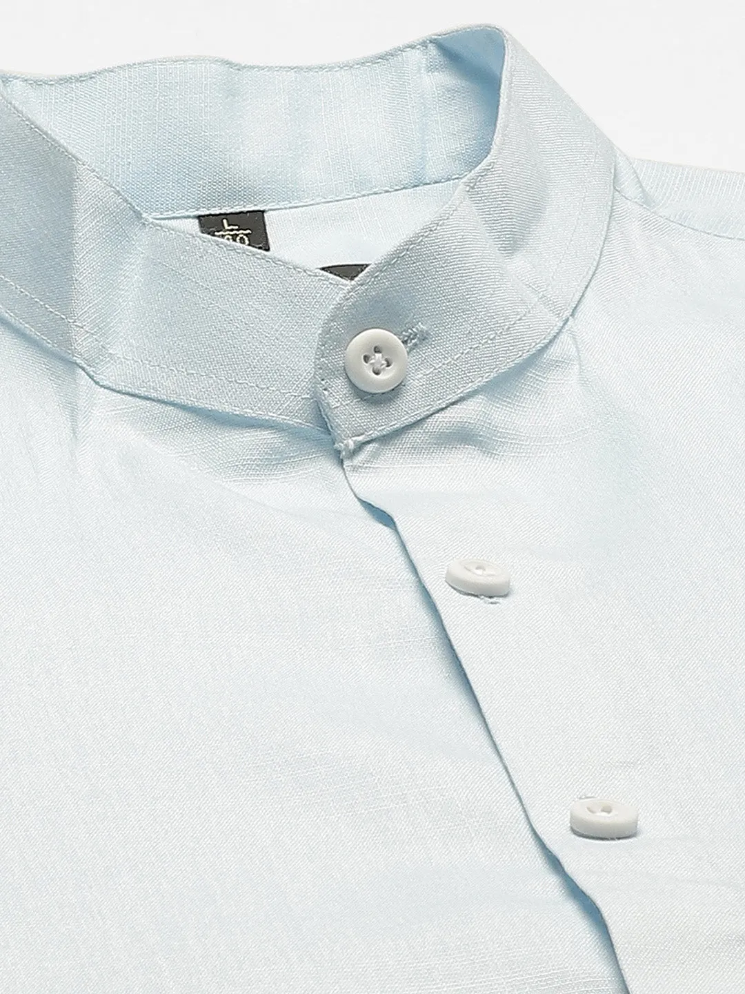 Mens Cotton Linen Sky Blue Chinese Collar Shirt - Sojanya