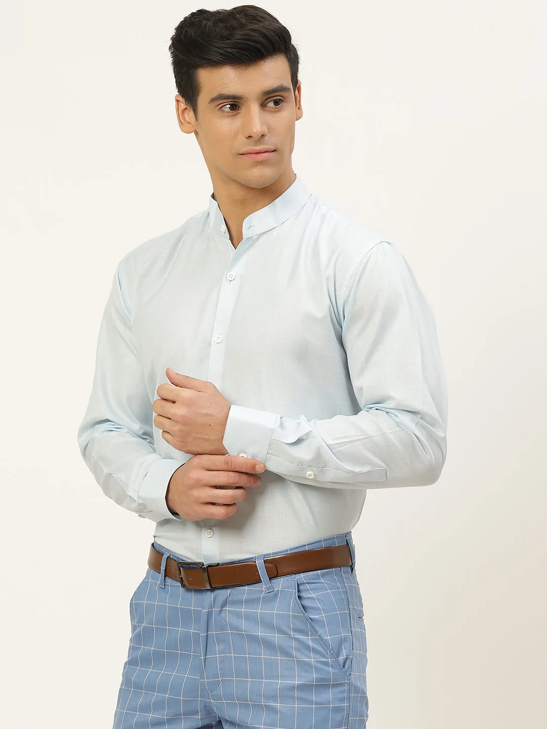 Mens Cotton Linen Sky Blue Chinese Collar Shirt - Sojanya