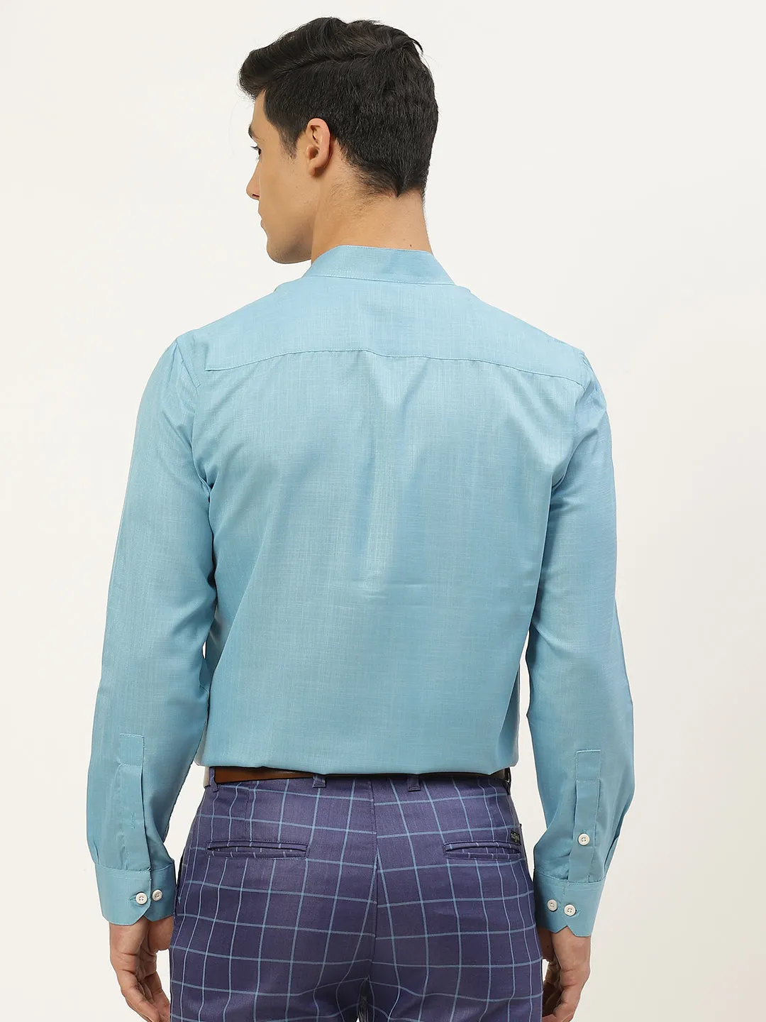 Mens Cotton Linen Turquoise Blue Chinese Collar Shirt - Sojanya