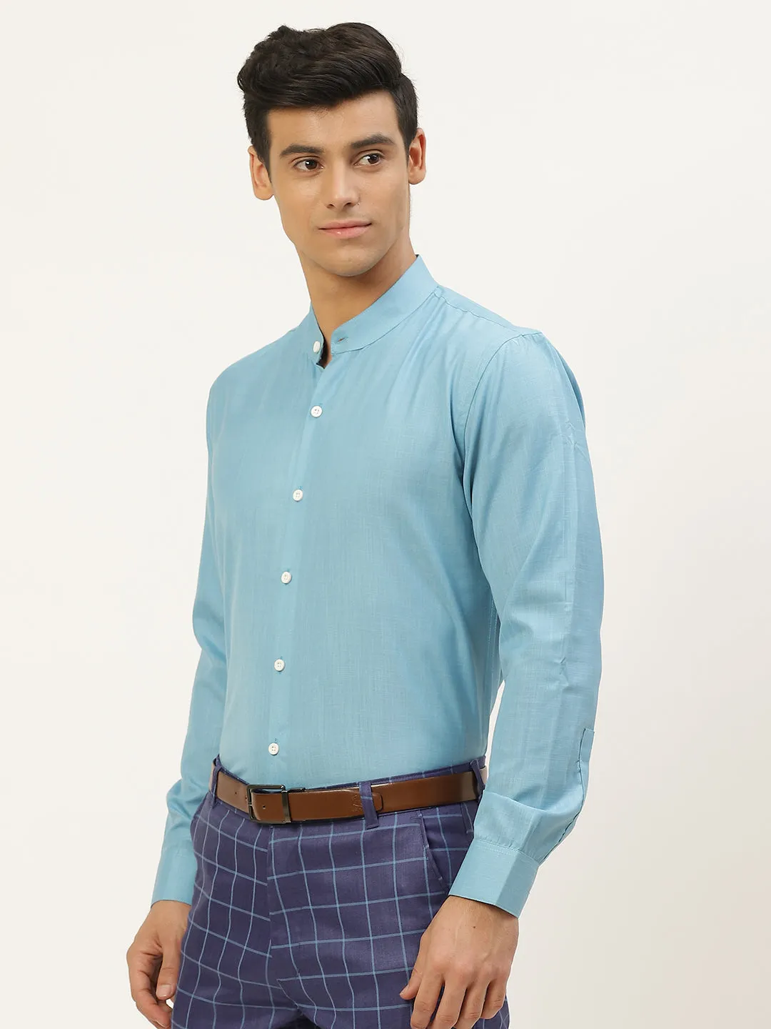 Mens Cotton Linen Turquoise Blue Chinese Collar Shirt - Sojanya