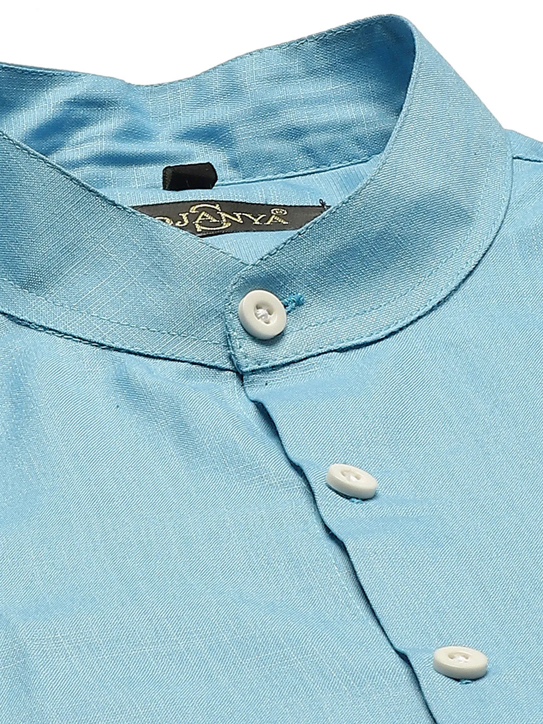 Mens Cotton Linen Turquoise Blue Chinese Collar Shirt - Sojanya