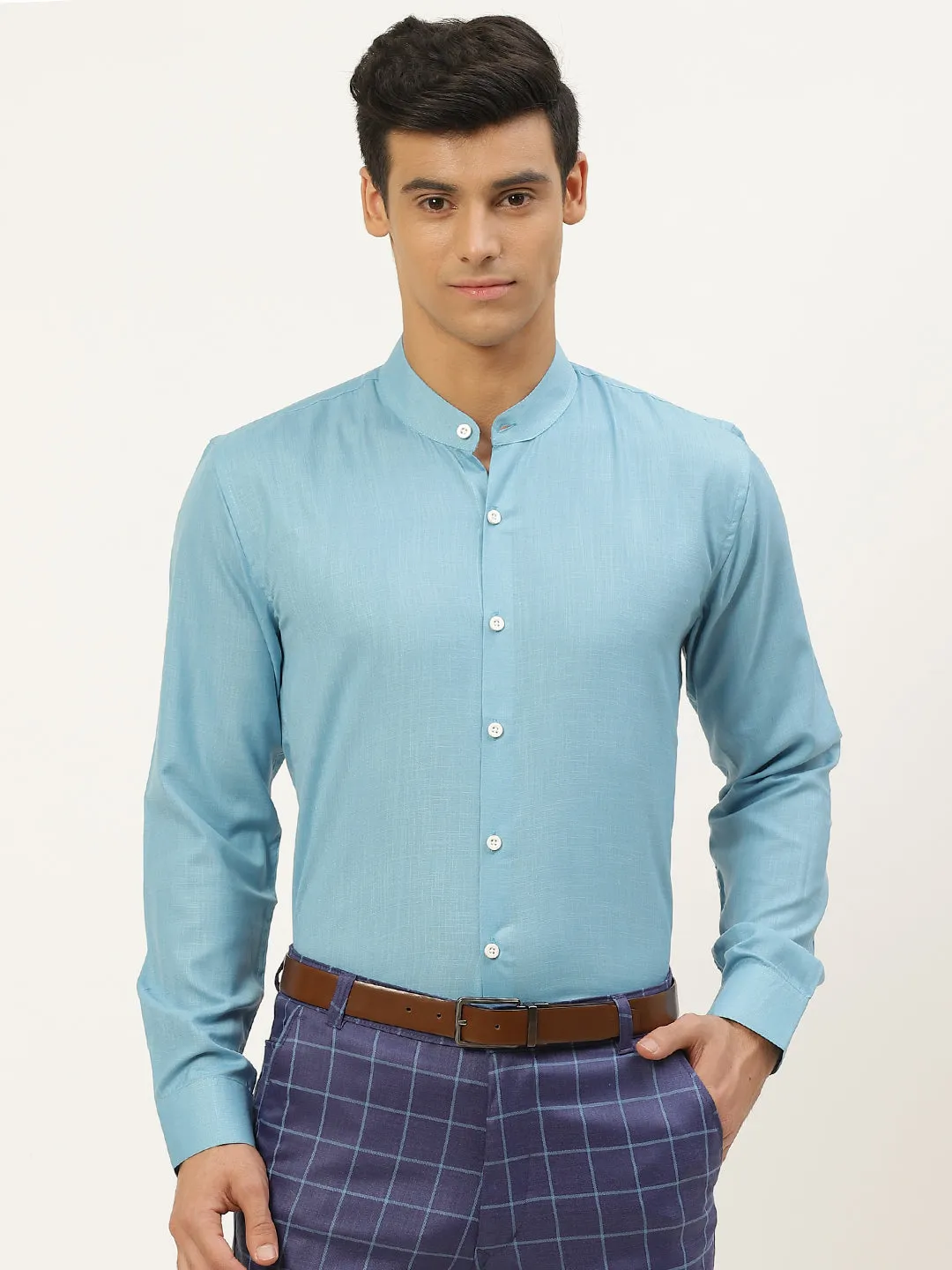 Mens Cotton Linen Turquoise Blue Chinese Collar Shirt - Sojanya