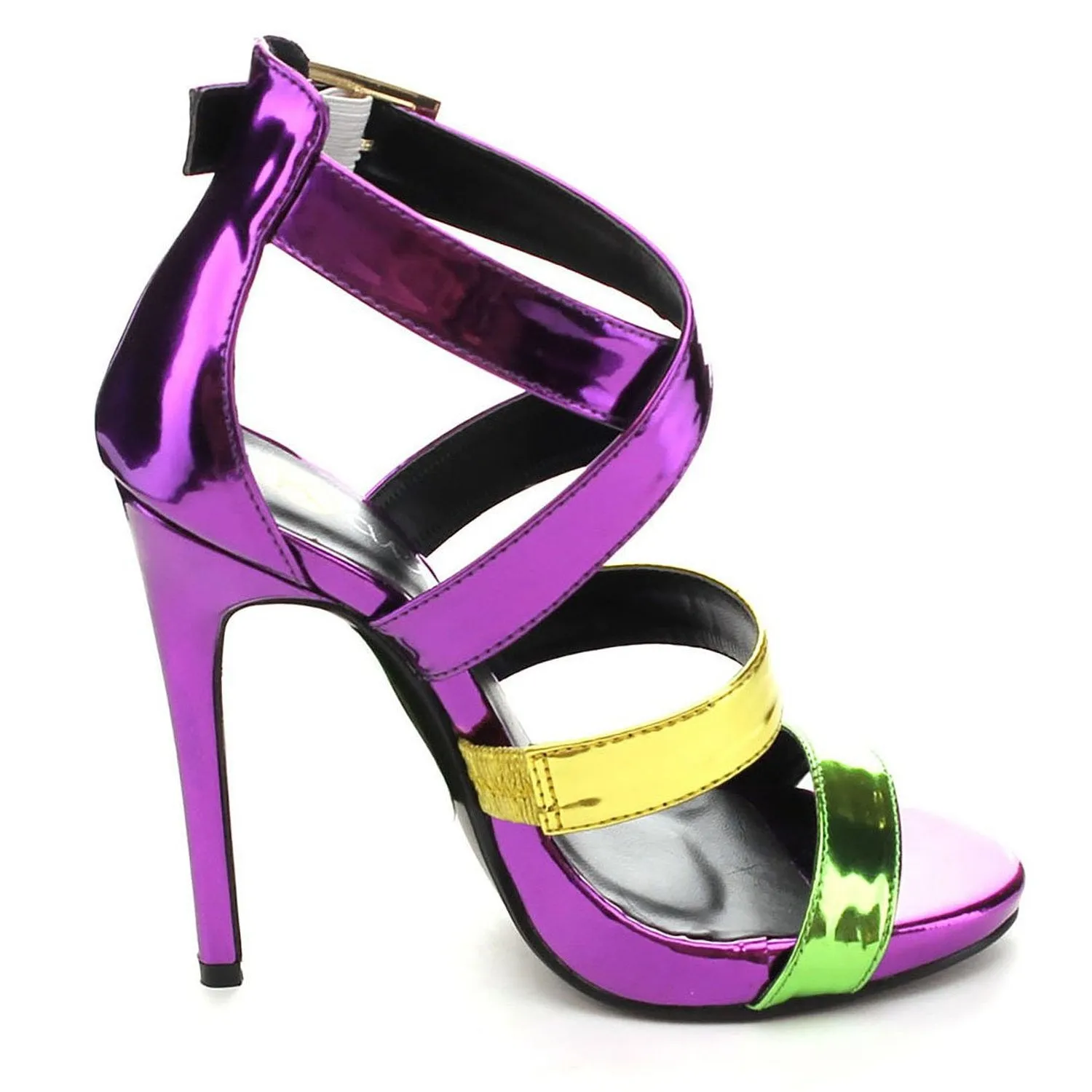 Metallic Color Block Strappy Stiletto Heels Faux Leather