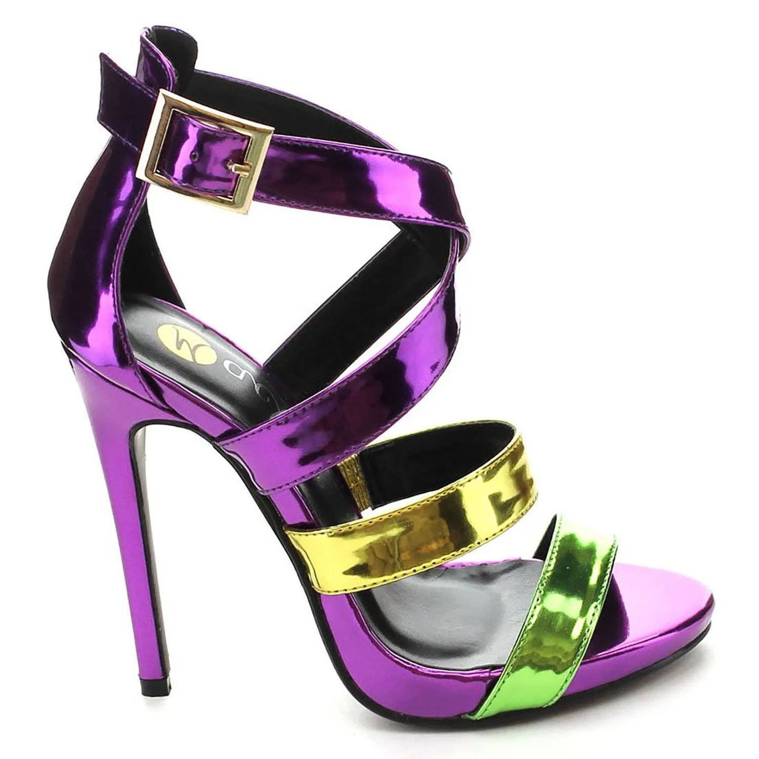 Metallic Color Block Strappy Stiletto Heels Faux Leather