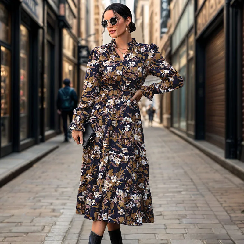 METAVERSMALL 2025  New autumn floral temperament commuter dress retro printed women's dress V-neck fashion dress