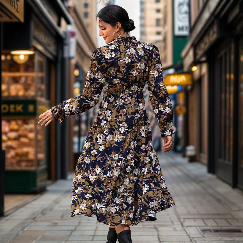 METAVERSMALL 2025  New autumn floral temperament commuter dress retro printed women's dress V-neck fashion dress